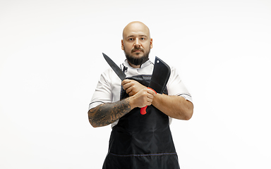 Image showing Portrait of a male chef cook, butcher isolated on a white studio background