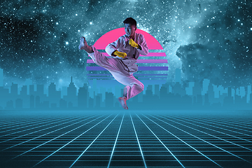 Image showing Synth wave and retro wave, vaporwave futuristic aesthetics. Sportsman in glowing neon style.