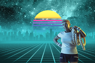 Image showing Synth wave and retro wave, vaporwave futuristic aesthetics. Sportsman in glowing neon style.