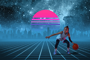 Image showing Synth wave and retro wave, vaporwave futuristic aesthetics. Sportsman in glowing neon style.