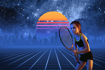 Image showing Synth wave and retro wave, vaporwave futuristic aesthetics. Sportsman in glowing neon style.