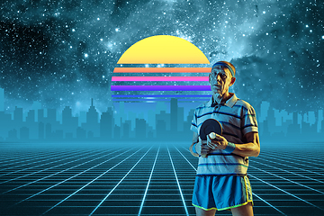 Image showing Synth wave and retro wave, vaporwave futuristic aesthetics. Sportsman in glowing neon style.