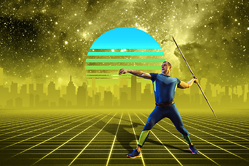 Image showing Synth wave and retro wave, vaporwave futuristic aesthetics. Sportsman in glowing neon style.