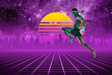 Image showing Synth wave and retro wave, vaporwave futuristic aesthetics. Sportsman in glowing neon style.