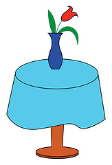 Image showing Blue flower vase displaying red tulips over a circular wooden ta