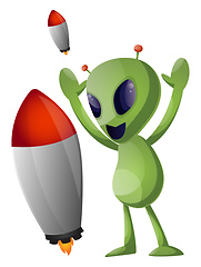 Image showing Alien with rocket, illustration, vector on white background.