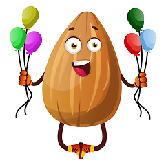 Image showing Almond holding colorful balloons, illustration, vector on white 