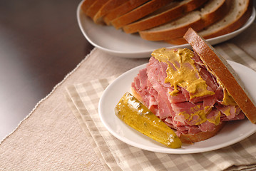 Image showing Corned beef sandiwich with mustard on rye