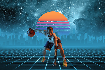 Image showing Synth wave and retro wave, vaporwave futuristic aesthetics. Sportsman in glowing neon style.