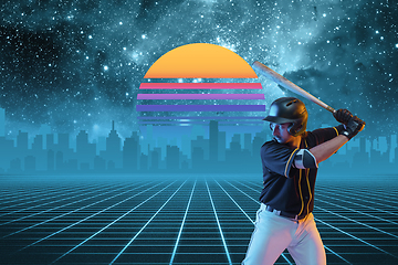 Image showing Synth wave and retro wave, vaporwave futuristic aesthetics. Sportsman in glowing neon style.