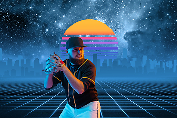 Image showing Synth wave and retro wave, vaporwave futuristic aesthetics. Sportsman in glowing neon style.