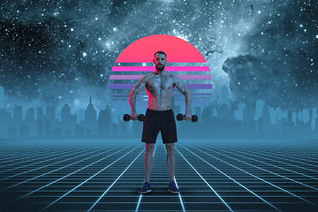 Image showing Synth wave and retro wave, vaporwave futuristic aesthetics. Sportsman in glowing neon style.