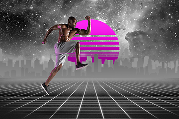 Image showing Synth wave and retro wave, vaporwave futuristic aesthetics. Sportsman in glowing neon style.