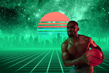 Image showing Synth wave and retro wave, vaporwave futuristic aesthetics. Sportsman in glowing neon style.