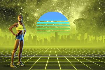 Image showing Synth wave and retro wave, vaporwave futuristic aesthetics. Sportsman in glowing neon style.