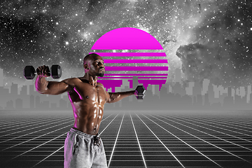 Image showing Synth wave and retro wave, vaporwave futuristic aesthetics. Sportsman in glowing neon style.