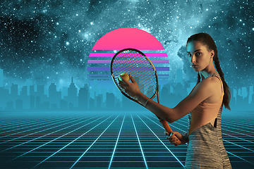 Image showing Synth wave and retro wave, vaporwave futuristic aesthetics. Sportsman in glowing neon style.