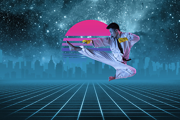 Image showing Synth wave and retro wave, vaporwave futuristic aesthetics. Sportsman in glowing neon style.