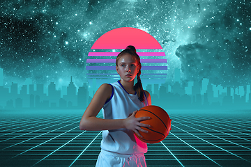 Image showing Synth wave and retro wave, vaporwave futuristic aesthetics. Sportsman in glowing neon style.