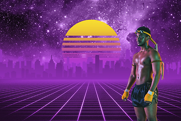 Image showing Synth wave and retro wave, vaporwave futuristic aesthetics. Sportsman in glowing neon style.