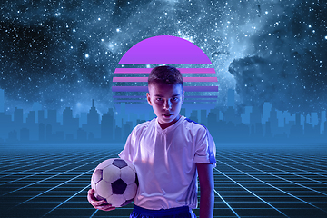 Image showing Synth wave and retro wave, vaporwave futuristic aesthetics. Sportsman in glowing neon style.