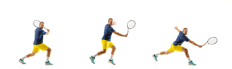 Image showing Young caucasian professional sportsman playing tennis on white background, collage, motion of ball\'s hit in dymanic