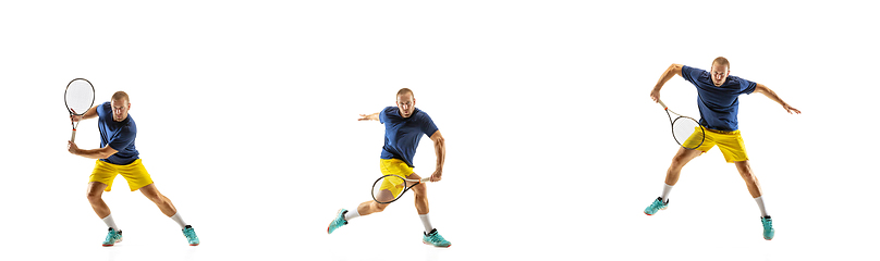 Image showing Young caucasian professional sportsman playing tennis on white background, collage, motion of ball\'s hit in dymanic