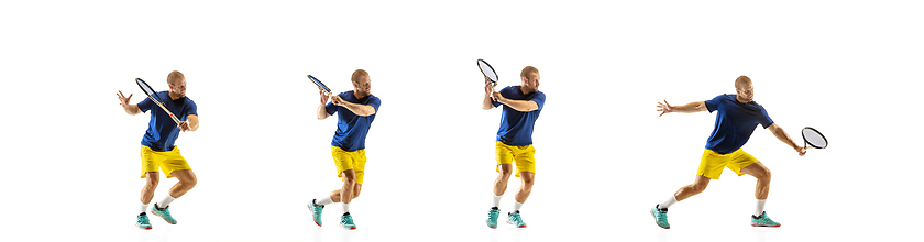 Image showing Young caucasian professional sportsman playing tennis on white background, collage, motion of ball\'s hit in dymanic