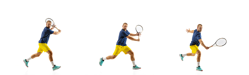 Image showing Young caucasian professional sportsman playing tennis on white background, collage, motion of ball\'s hit in dymanic