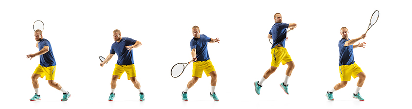 Image showing Young caucasian professional sportsman playing tennis on white background, collage, motion of ball\'s hit in dymanic