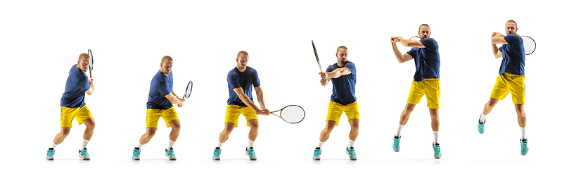 Image showing Young caucasian professional sportsman playing tennis on white background, collage, motion of ball\'s hit in dymanic