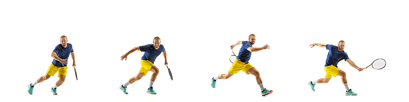 Image showing Young caucasian professional sportsman playing tennis on white background, collage, motion of ball\'s hit in dymanic