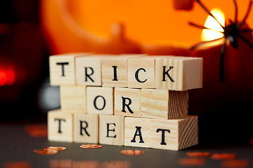 Image showing toy blocks with trick or treat words on halloween