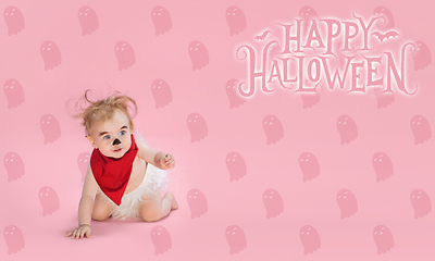 Image showing Little girl as vampire on white background, halloween time, flyer with copyspace