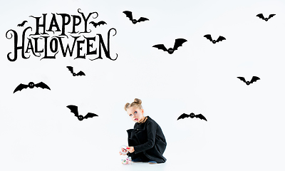 Image showing Little girl as vampire on white background, halloween time, flyer with copyspace