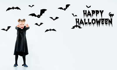 Image showing Little girl as vampire on white background, halloween time, flyer with copyspace