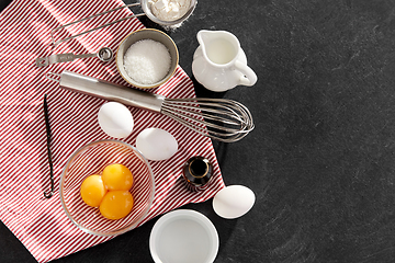 Image showing whisk, eggs, sugar, milk, flour and vanilla