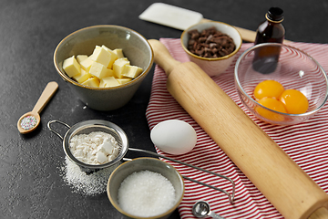 Image showing rolling pin, butter, eggs, flour and chocolate