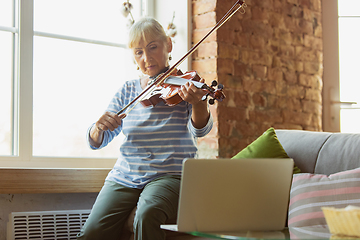 Image showing Senior woman studying at home, getting online courses