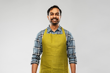 Image showing happy indian male gardener or farmer in apron