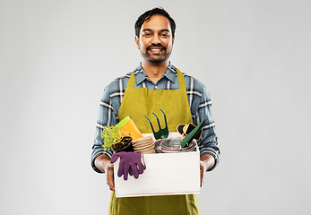 Image showing indian gardener or farmer with box of garden tools