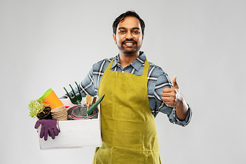 Image showing indian gardener or farmer with box of garden tools