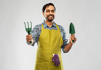 Image showing indian gardener or farmer with box of garden tools