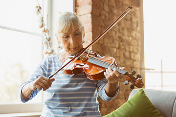 Image showing Senior woman studying at home, getting online courses