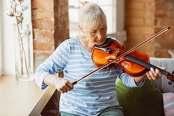 Image showing Senior woman studying at home, getting online courses