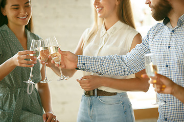 Image showing People clinking glasses with wine or champagne. Happy cheerful friends celebrate holidays, meeting. Close up shot of smiling friends, lifestyle