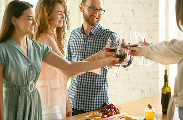 Image showing People clinking glasses with wine or champagne. Happy cheerful friends celebrate holidays, meeting. Close up shot of smiling friends, lifestyle