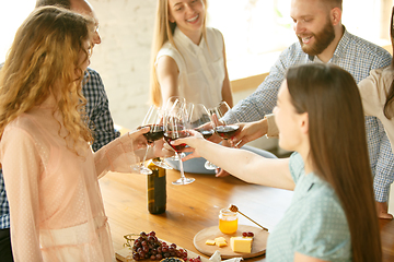 Image showing People clinking glasses with wine or champagne. Happy cheerful friends celebrate holidays, meeting. Close up shot of smiling friends, lifestyle