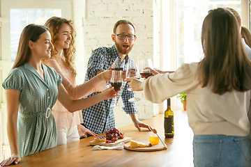 Image showing People clinking glasses with wine or champagne. Happy cheerful friends celebrate holidays, meeting. Close up shot of smiling friends, lifestyle