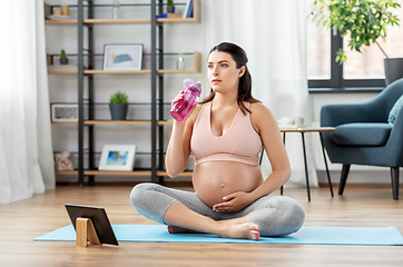 Image showing pregnant woman drinking water after yoga at home